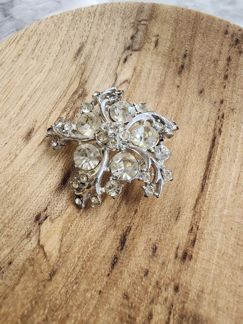 Vintage Crystal Floral Silver Brooch